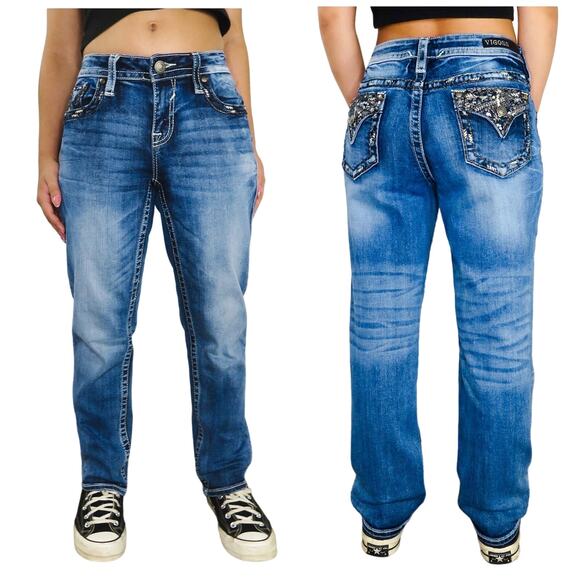 Y2k Vigoss Embellished Studded Straight Leg Jeans with Beaded Pocket Detail 30" - Picture 3 of 11